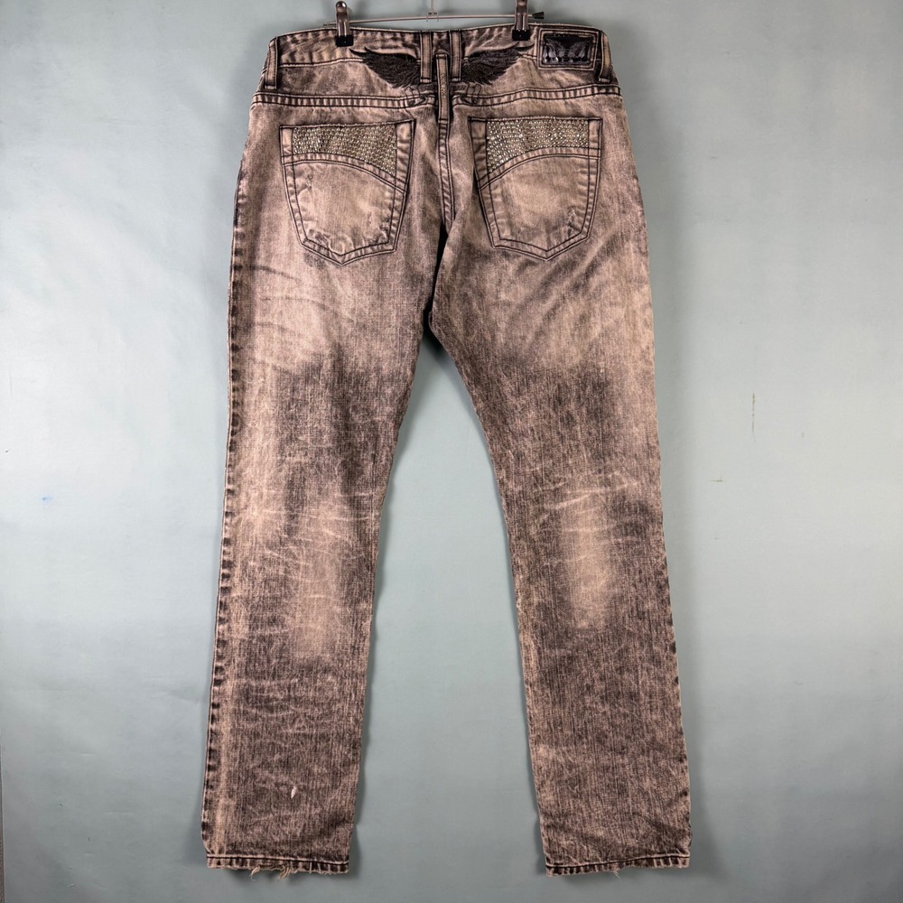 Mens Robins Jean Gray Acid Wash Size 38x33 MARLON Swarovski Crystals Made In USA